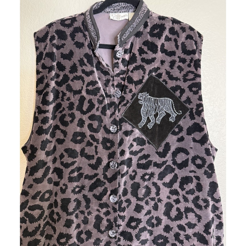 L'affaire Womens OS Duster Vest Purple Leopard Print Tiger Patch Velvet Flocked